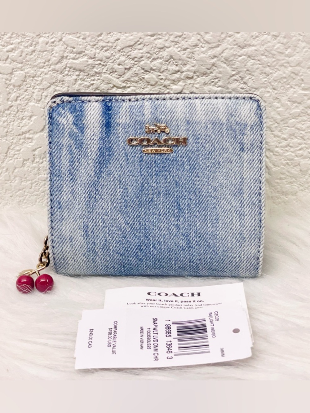 Coach CEC35 Snap Wallet Loved Denim & Leather With Cherry Charm NWT Blue Indigo